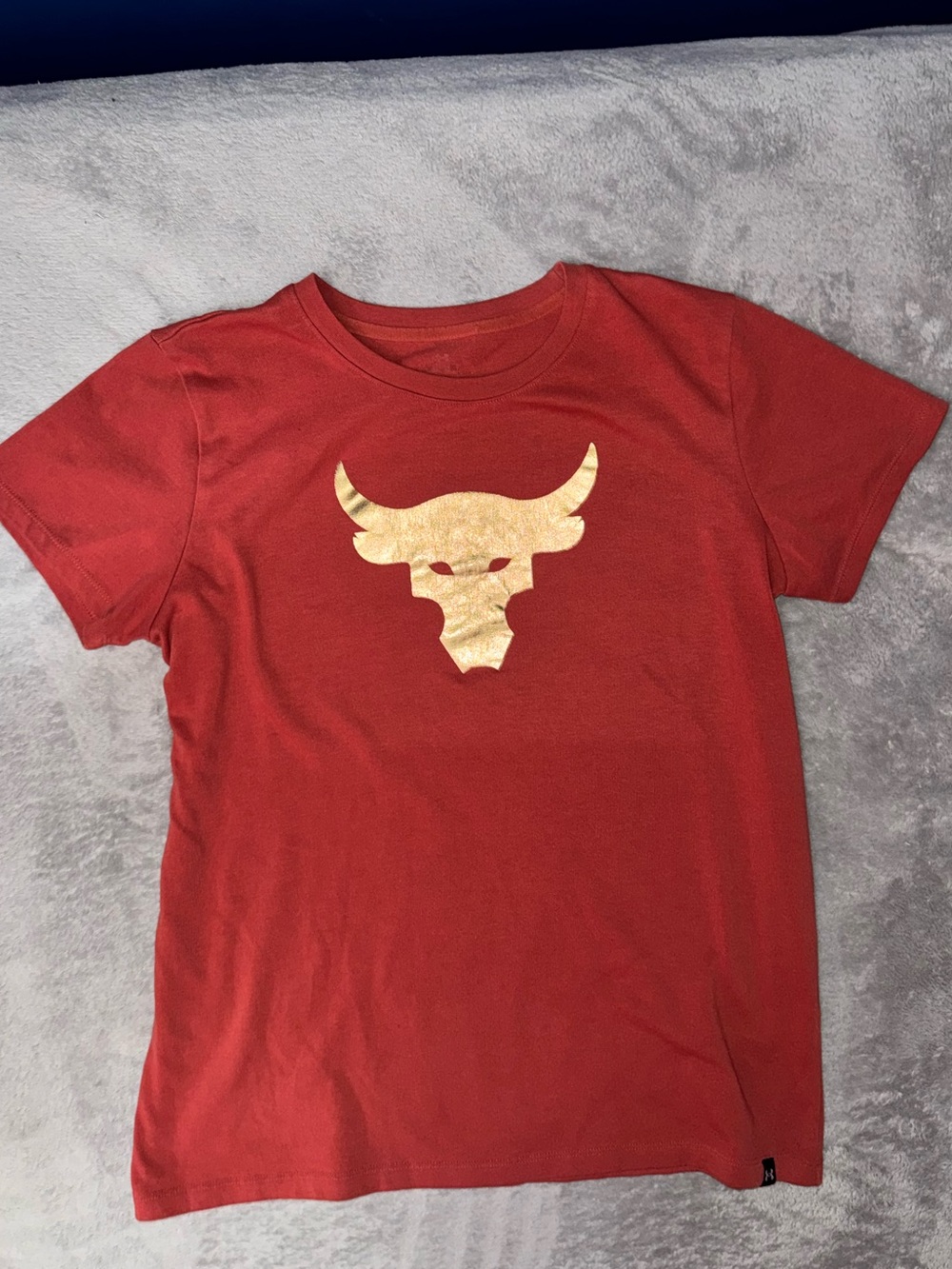 Mens Under Armour Project Rock Orange Graphic Tee with Gold Bull Logo